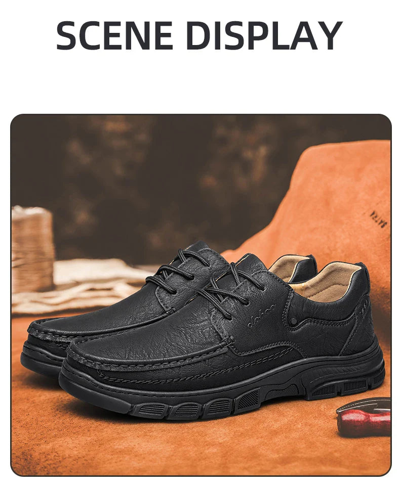 Men's Handmade Thick Rubber Bottom Breathable Casual Leather Shoes Classic Sewn Loafers Comfortable Leisure Footwear
