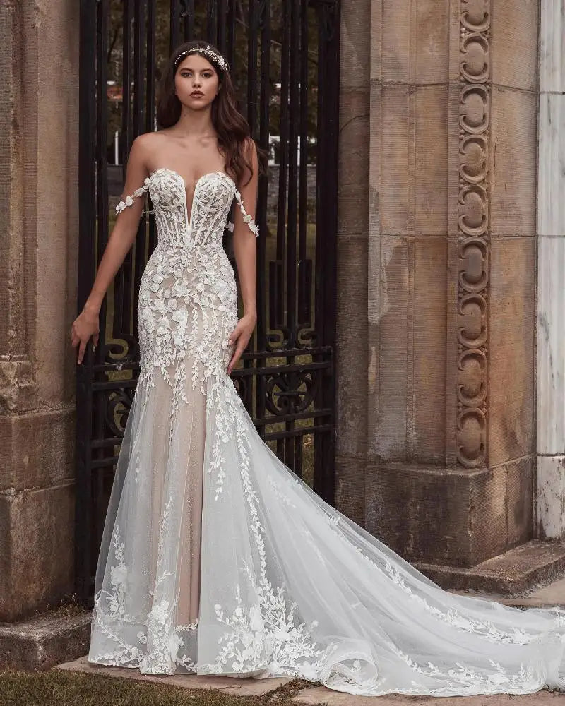 Sexy V-neck Full Lace Applique Mermaid Wedding Dresses Detachable Train 2 In 1 Custom Made Vestido De Noival