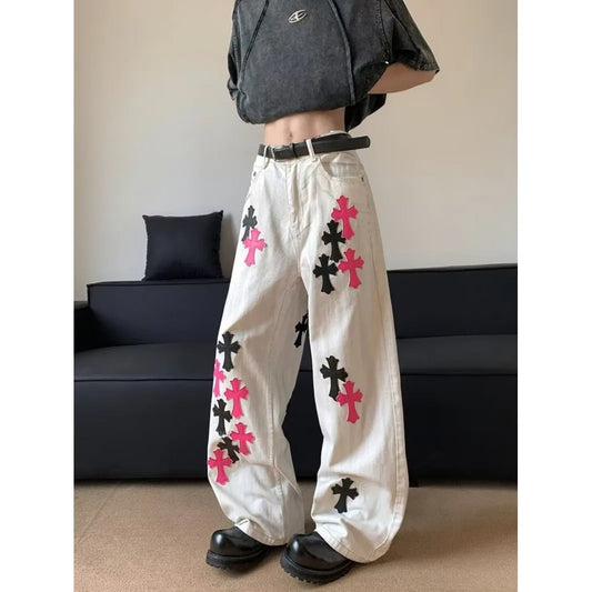 Trendy cross jeans, loose straight leg wide leg casual pants
