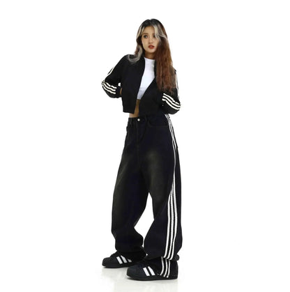 Retro Striped Loose Fit Low Waist Slimming Long Jeans