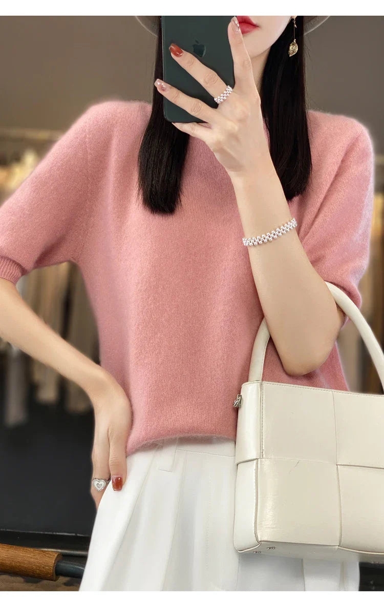 100% pure wool T-shirt spring and summer new women's O-neck pullover short sleeve loose five-sleeve sweater high-end top