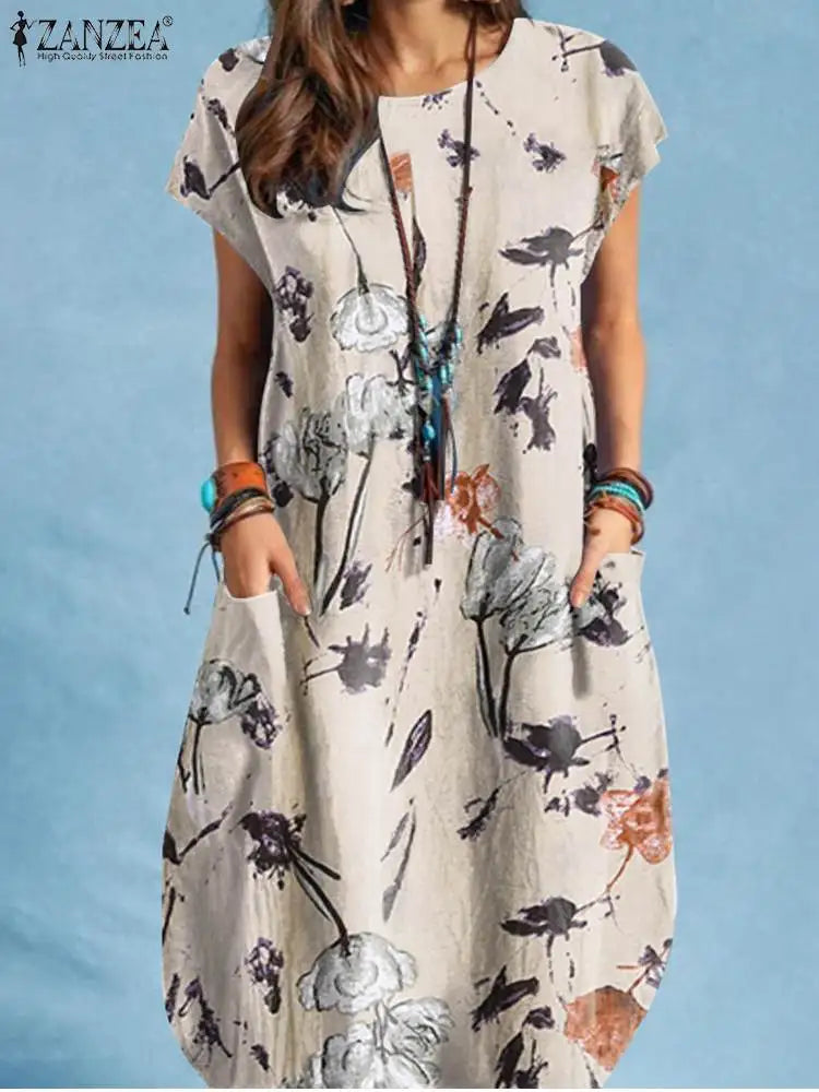 Women Summer Dress Bohemian Floral Print Vestido O-Neck Short Sleeve Pockets Sundress Fashion Casual Elegant Holiday Robe