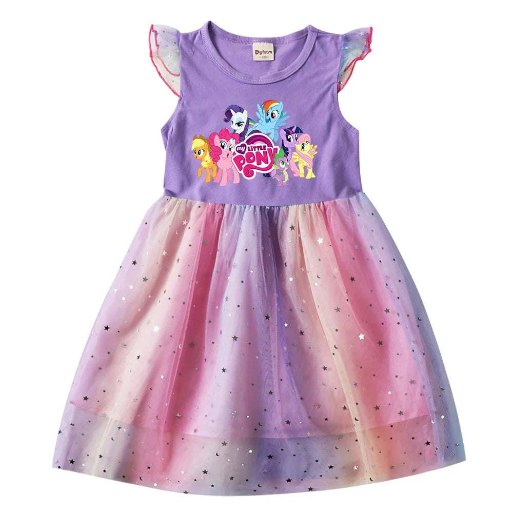 My Little Ponys Baby Girls Dress Children Cartoon Mesh Star Sequins Princess Dress Kids Flying Sleeve Skirt For Birthday Gift