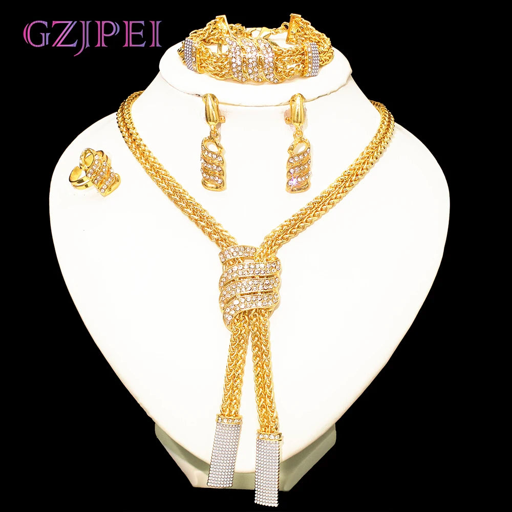 Design Women Jewelry Set 18K Gold Color Charm Necklace Chain Braclete Chic Earring Ring Indian Nigeria Jewellery Gift