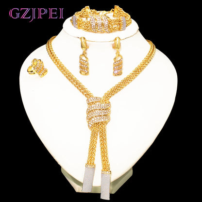 Design Women Jewelry Set 18K Gold Color Charm Necklace Chain Braclete Chic Earring Ring Indian Nigeria Jewellery Gift
