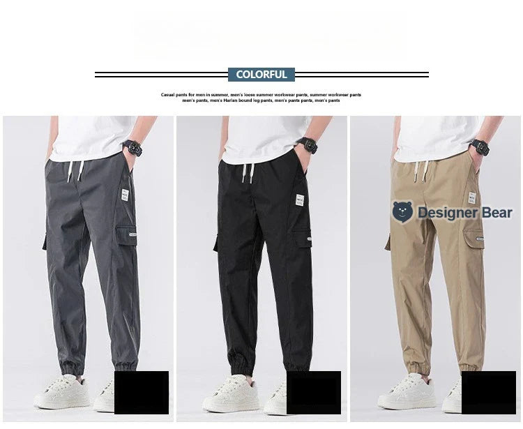Spring Summer Thin Men's Cargo Pants Loose Tapered Elastic Cuff Jogger Trousers Quick Dry Casual Outdoor Haren Pants Male 5XL