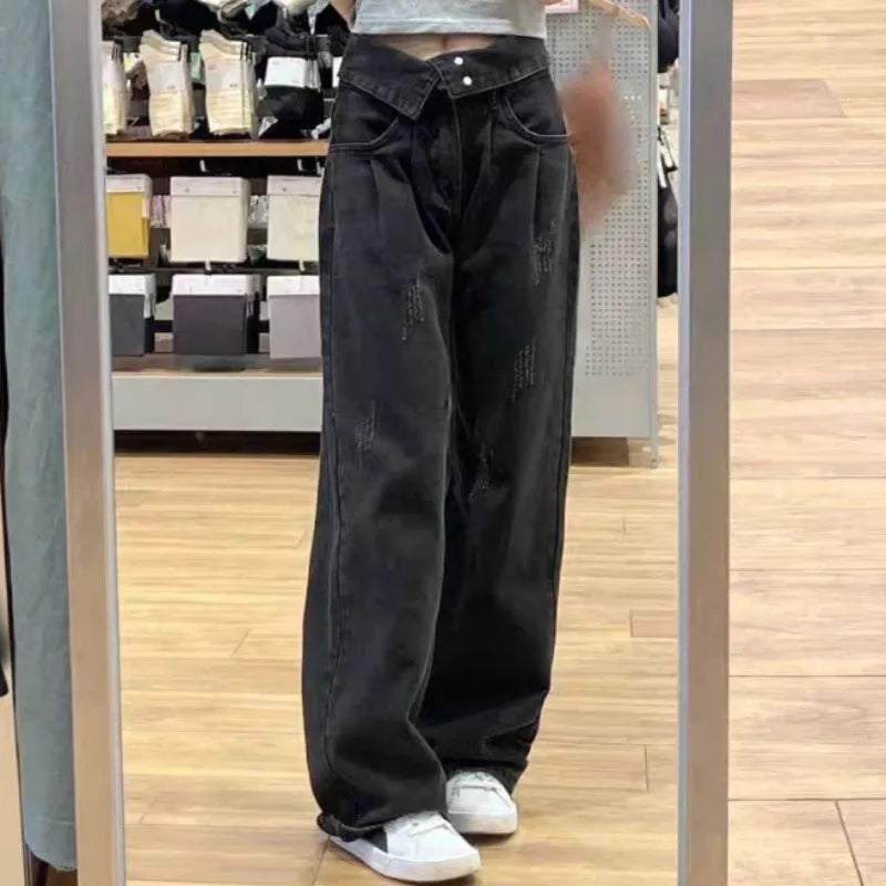 Hight Waist Denim Pant Women Jeans Vintage Straight Trousers Jeans Autumn Spring Fashion Female Black Casual Wide Leg Pants
