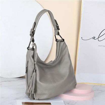 Fashion Tassel Women Shoulder Bag 100% Genuine Leather Daily Shopping Hobos Classic Large Red Tote Handbag Crossbody Bag