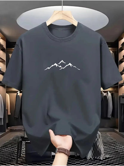 Men's summer 100% pure cotton fashionable casual loose sports mountain pattern printed round neck short sleeved T-shirt top