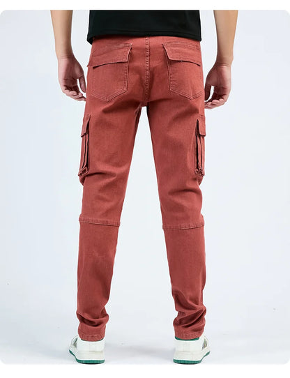 Men's Jeans Street Style Waist Denim Cargo Pants Solid Color Washed Slim Fit Casual Jeans with Multiple Pockets for Daily Wear