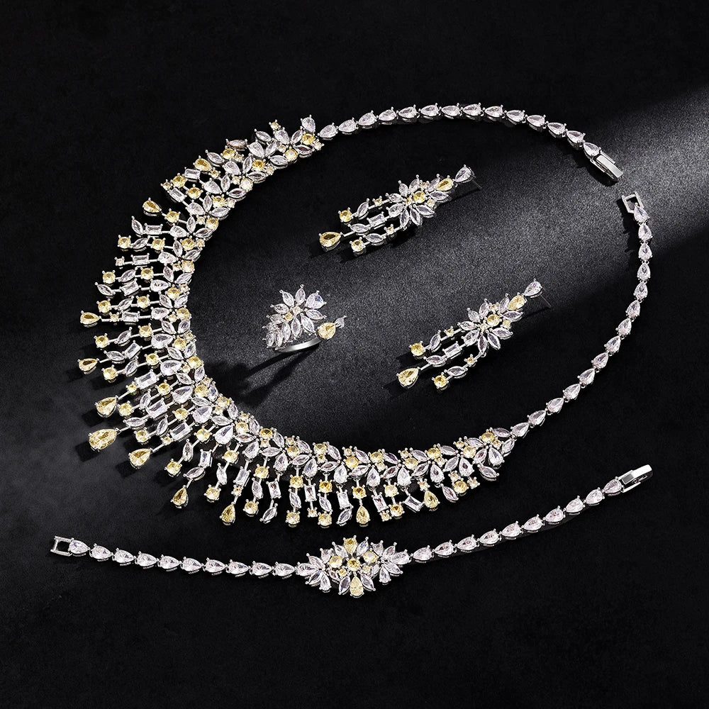 2024 New 4-piece Bride Zirconia Women's Party Jewelry Set, Deluxe Dubai Nigeria CZ Crystal Wedding Necklace Set