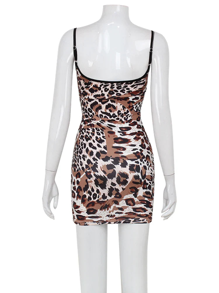 Fashion Sexy Summer Leopard Printed Women Dresses Backless Streetwear Regular Casual Camisole Strapless Skinny Vestidos Robes