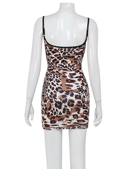 Fashion Sexy Summer Leopard Printed Women Dresses Backless Streetwear Regular Casual Camisole Strapless Skinny Vestidos Robes