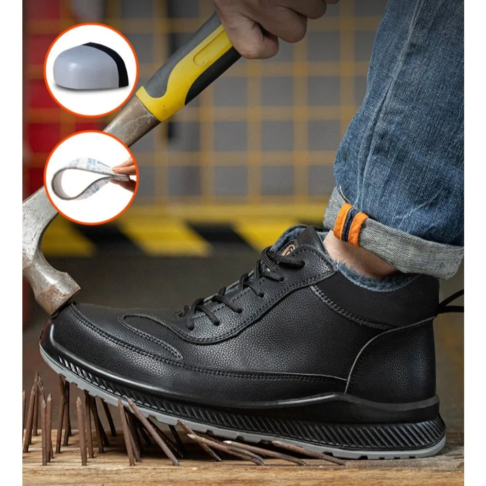 Plush Labor Protection Shoes for Winter Work Shoes Men's Anti Smashing Anti Piercing Microfiber Leather Work Cotton Safety Shoes