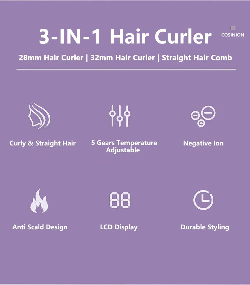 3 IN 1 Negative Ions 28mm & 32mm Roll Automatic Hair Curler Heating Straight Hair Comb Electric Ceramic Curling Iron Hair Stick