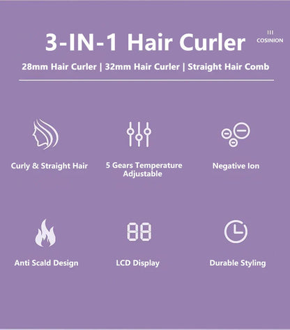 3 IN 1 Negative Ions 28mm & 32mm Roll Automatic Hair Curler Heating Straight Hair Comb Electric Ceramic Curling Iron Hair Stick
