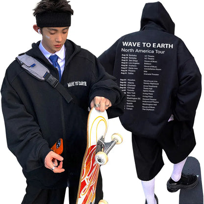 Korean Band Wave To Earth Print Zipper Hoodie Men's Casual Oversized Zip Up Jacket Men Women Hip Hop Fashion Y2k Zip Up Hoodies