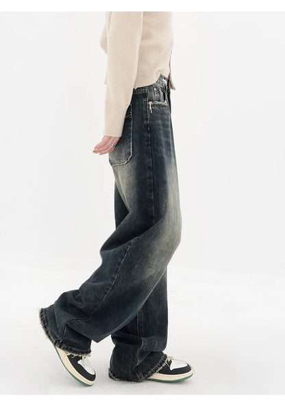 Harajuku Streetwear Retro Fashion Autumn Women High Waist Jeans Loose Wide Leg Straight Loose Denim Trousers Y2K Baggy Pants