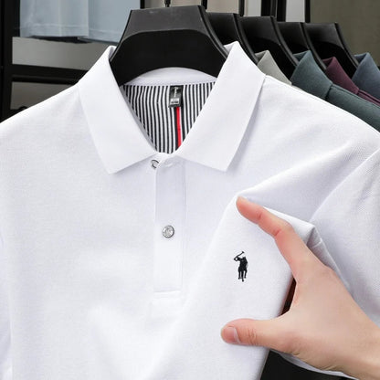 Camiseta polo masculina de algodão 100% puro, respirável, manga curta, marca de luxo, bordada, solta, casual de verão, para negócios