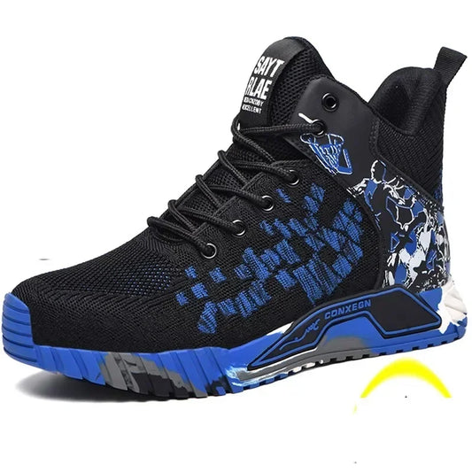 Men's All Seasons Safety Shoes Breathable Flying Woven Steel Toe Cap Impact Resistant Puncture Proof mid Cut Sneakers
