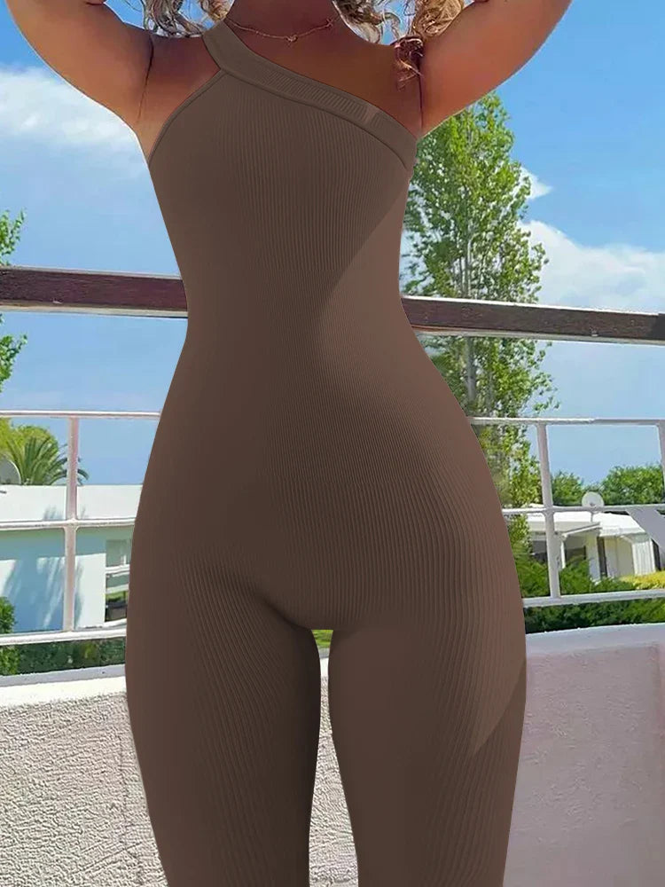 Women Yoga Jumpsuits Workout Ribbed One Shoulder One Piece Sport Jumpsuits Solid Sleeveless Hip Lifting Fitness Jumpsuits