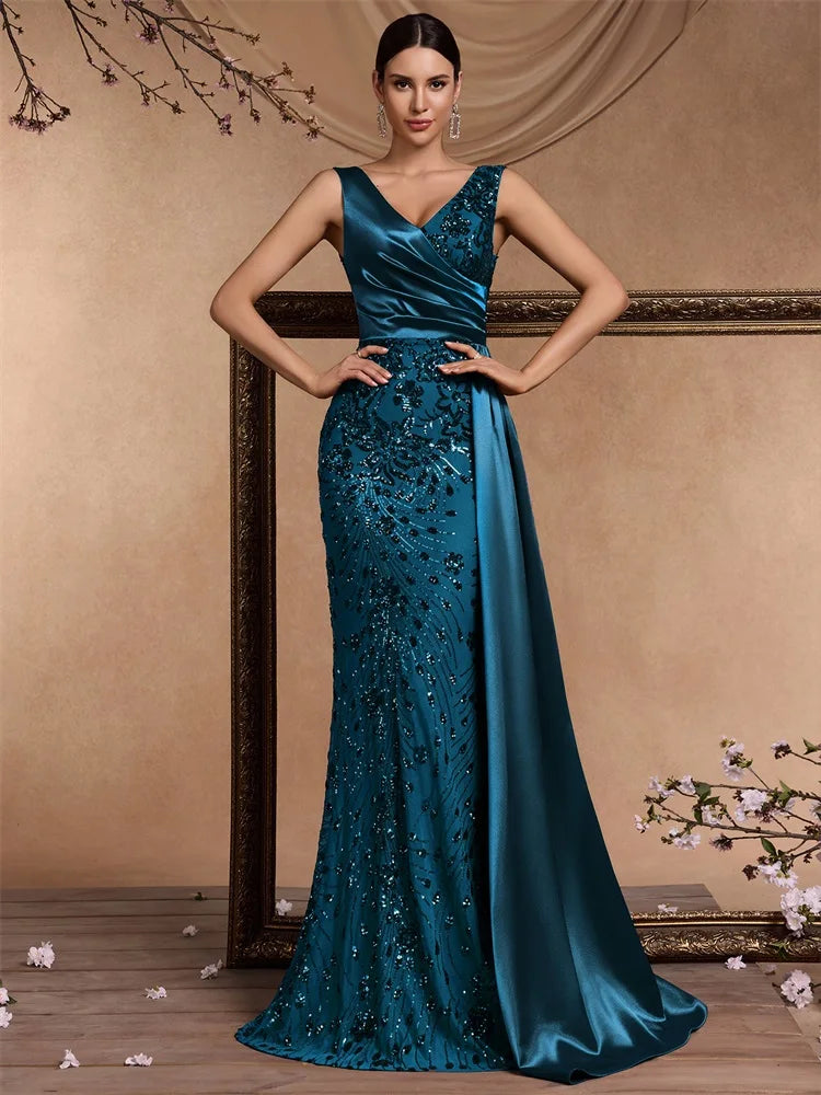 Elegant V-neck Splice Ribbons Sequins Evening Dresses Woman Sleeveless Mermaid Formal Luxury Wedding Party Prom