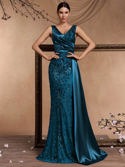 Elegant V-neck Splice Ribbons Sequins Evening Dresses Woman Sleeveless Mermaid Formal Luxury Wedding Party Prom