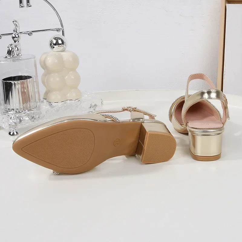 Girls' High Heels Sandals Fashion Rhinestone Pointed Toe Children's Princess Shoes Rubber Soles Non Slip Casual Sandals