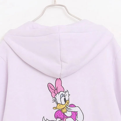 Donald Duck Letter Diamonds Fleece Sweatshirt Jacket Unisex Women Hooded Zip Up Jumper Tops