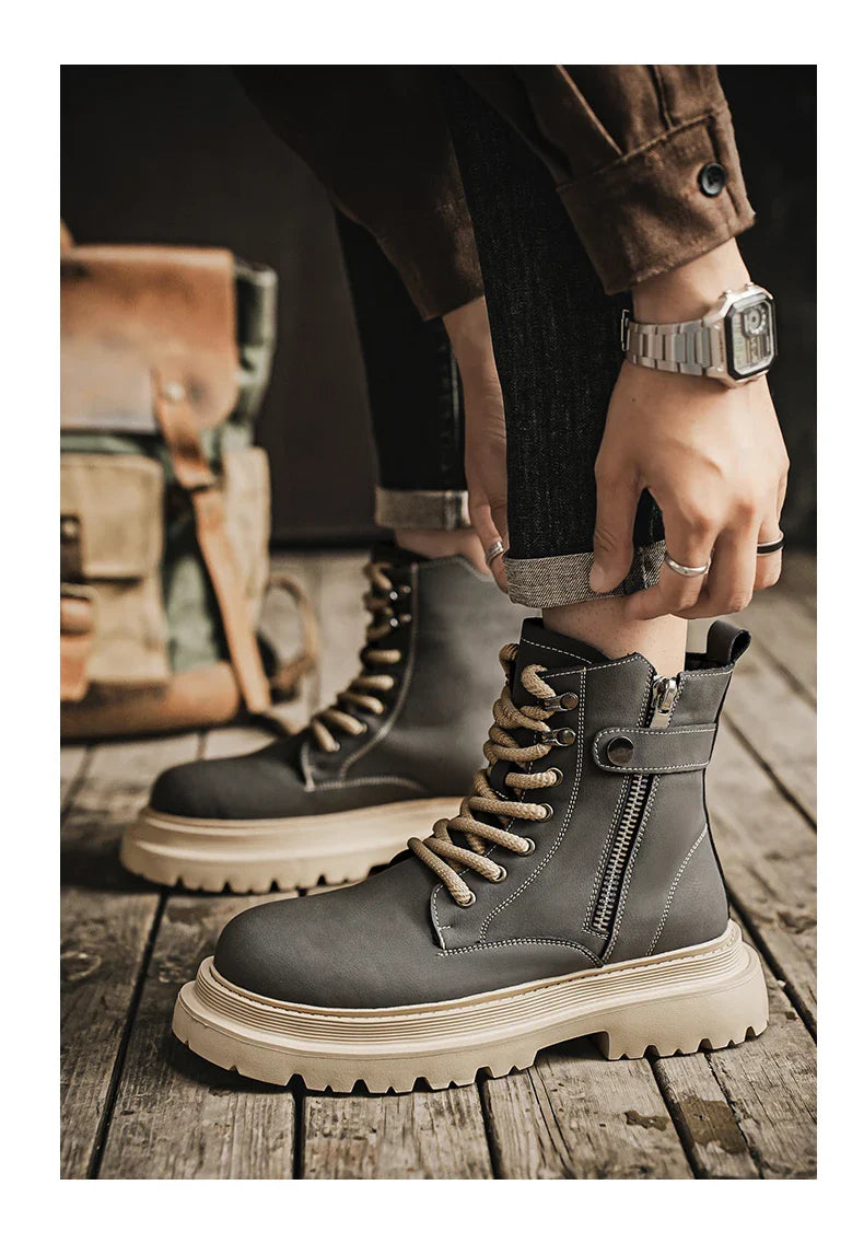 Men's Boots 2024 Autumn Thick Soled Zipper Lace-up Korean Belt Buckle Height Increasing Comfort High Top British Sports Boots