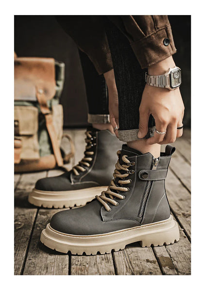 Men's Boots 2024 Autumn Thick Soled Zipper Lace-up Korean Belt Buckle Height Increasing Comfort High Top British Sports Boots