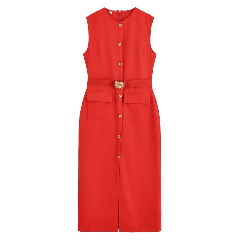 Womens Dresses Black Office Long Dresses for Women Spring Sleeveless Midi Dress Woman Belt Button Women's Dress Vest