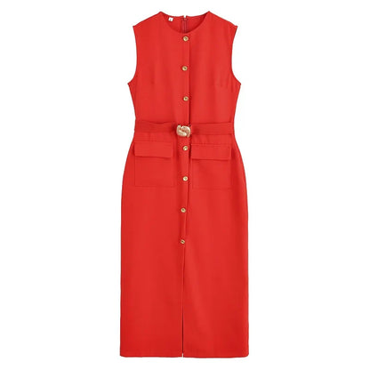 Womens Dresses Black Office Long Dresses for Women Spring Sleeveless Midi Dress Woman Belt Button Women's Dress Vest