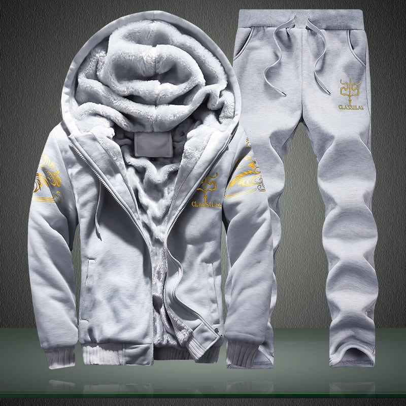 Wolf Czuadlte2024New Winter Men's Sports Set Casual Pants Hooded Sweater Youth Large Plus Plush Thickened Cardigan Two Piece Set