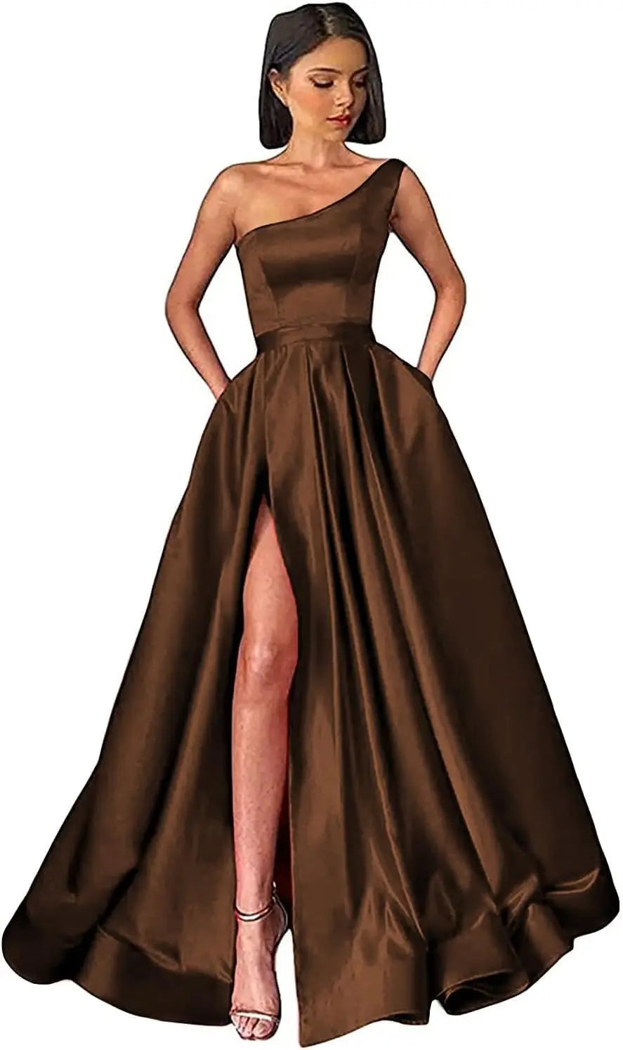 Women's One Shoulder Prom Dresses with Pocket High Slit Pleated Satin Corset Formal Gowns Evening Dress A Line Bridesmaid Gown