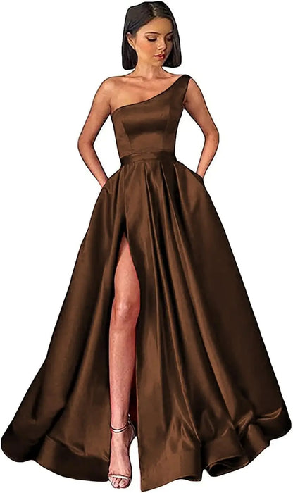 Women's One Shoulder Prom Dresses with Pocket High Slit Pleated Satin Corset Formal Gowns Evening Dress A Line Bridesmaid Gown