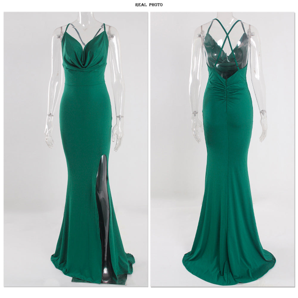 Cowl Neck Backless Cross Straps Split Stretch Bridesmaids Dress Wedding Guest Mermaid Sleeveless Slim Party Evening Gown
