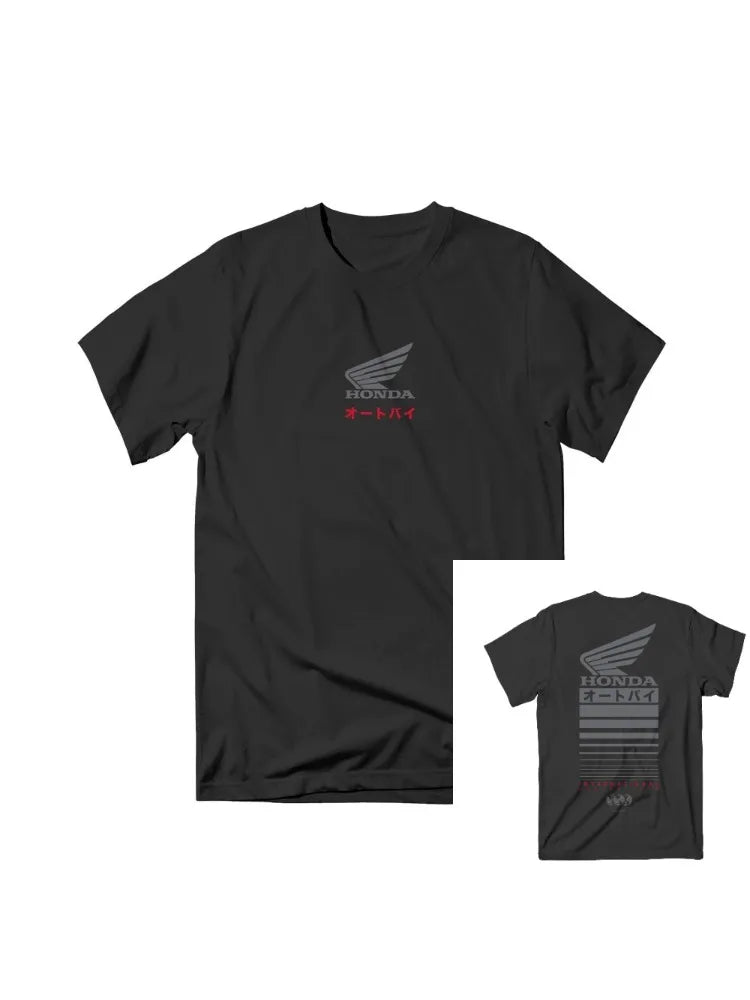 A camiseta do piloto da série "Retro Motorcycle" apresenta uma blusa de manga curta e gola solta no estilo hip-hop, da Honda, modelo "Non-wing".