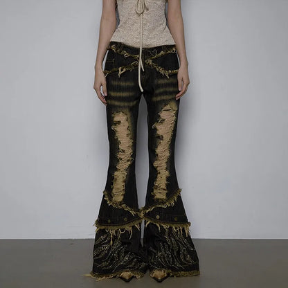 Women Japanese Vintage Tassel Low Rise Flare Denim Pants