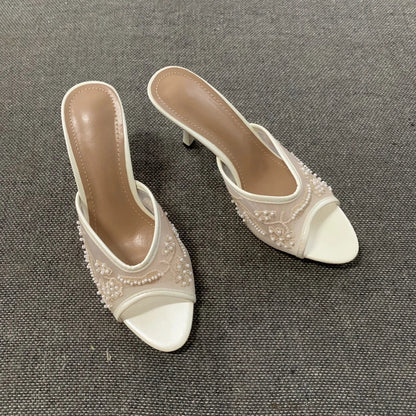 2026 Elegant Brown String Bead Mesh Embroider Slippers Women Summer Sexy Peep Toe High Heels Mules Sandals Luxury Designer Shoes
