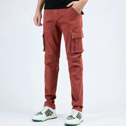 Men's Jeans Street Style Waist Denim Cargo Pants Solid Color Washed Slim Fit Casual Jeans with Multiple Pockets for Daily Wear