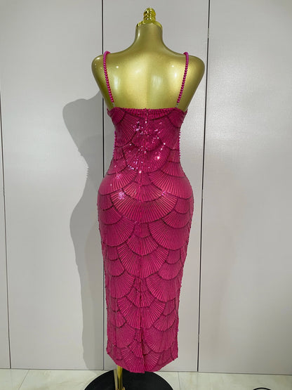 Women Hot Sale Sleeveless Sexy Strap Pearl Beading Sequins Bodycon Long Dress Celebrate Evening Party Birthday Outfit Vestido