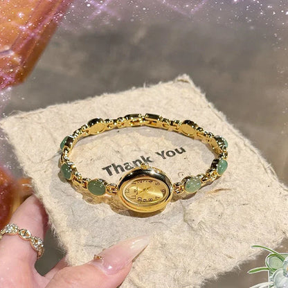 Luxury Vintage Quartz Women's Watches Fashion Natural Green Jade Bracelet Clock Numerals Small Oval Dial Watch Woman Accesories