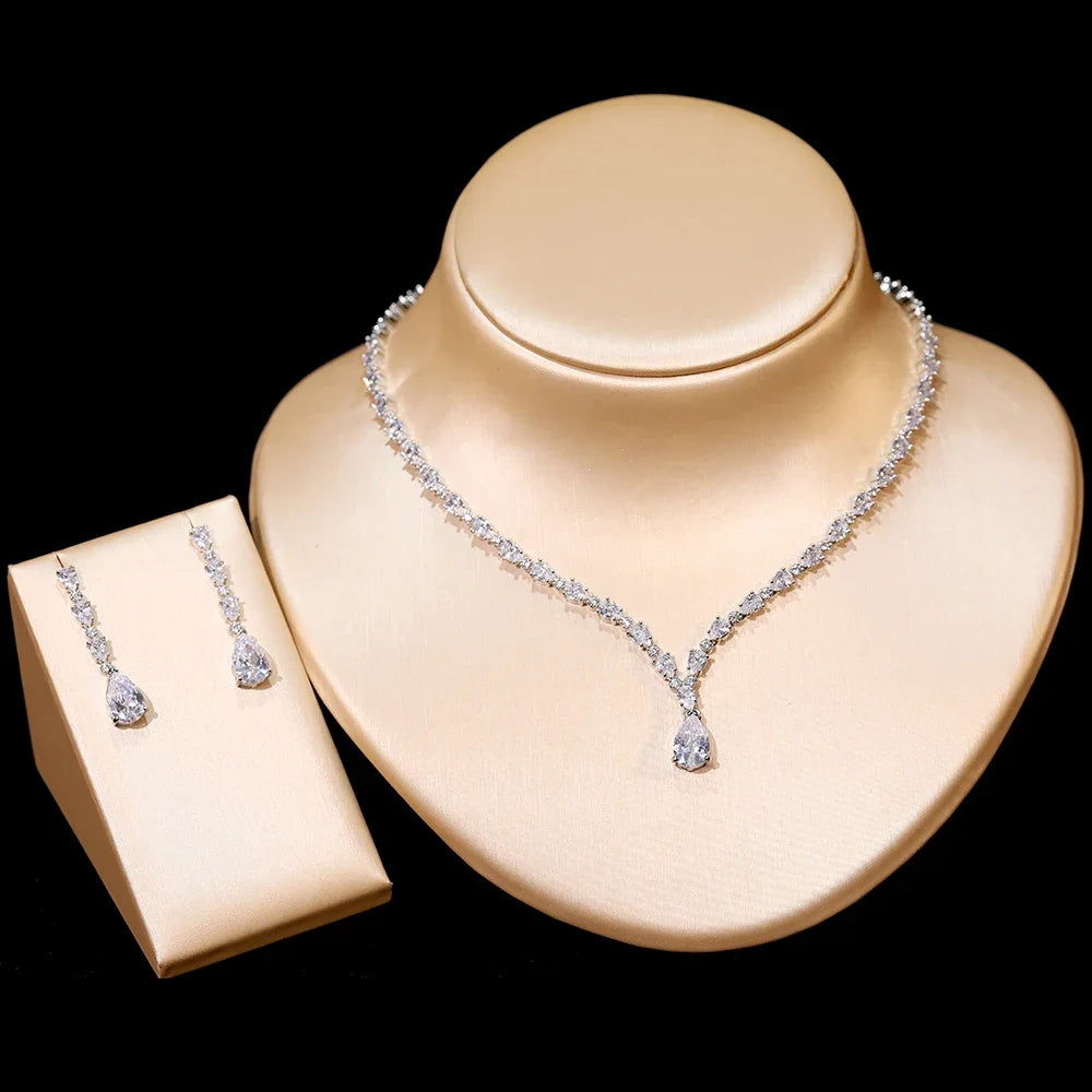 Dazzling Cubic Zirconia Wedding Necklace Water Drop Earrings 2 Piece Set Women's Clothing Party Jewelry Set Accessories
