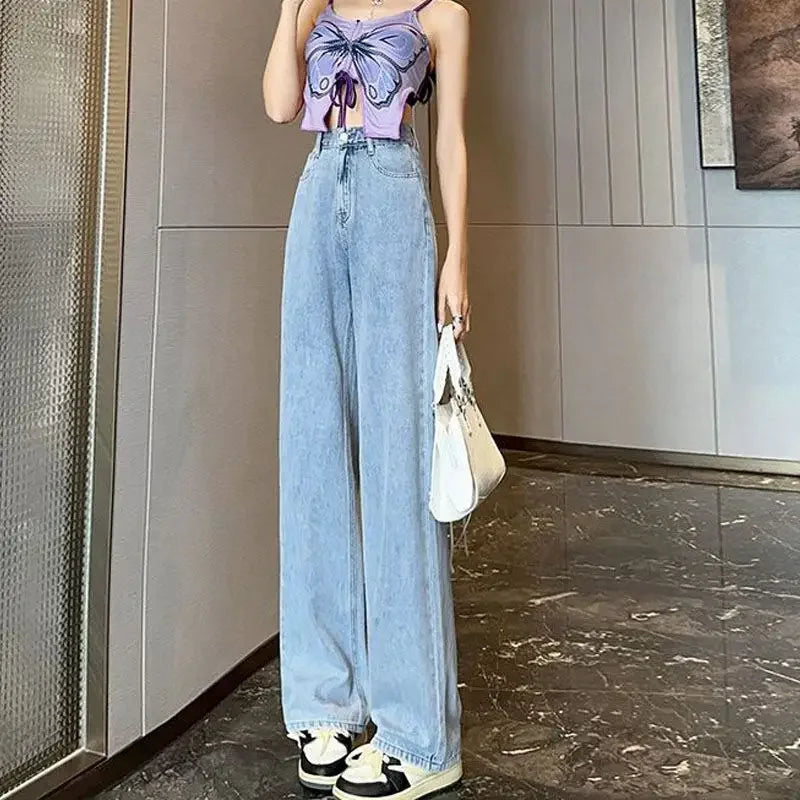 American Style Black Grey Wide-Leg Jeans For Women
