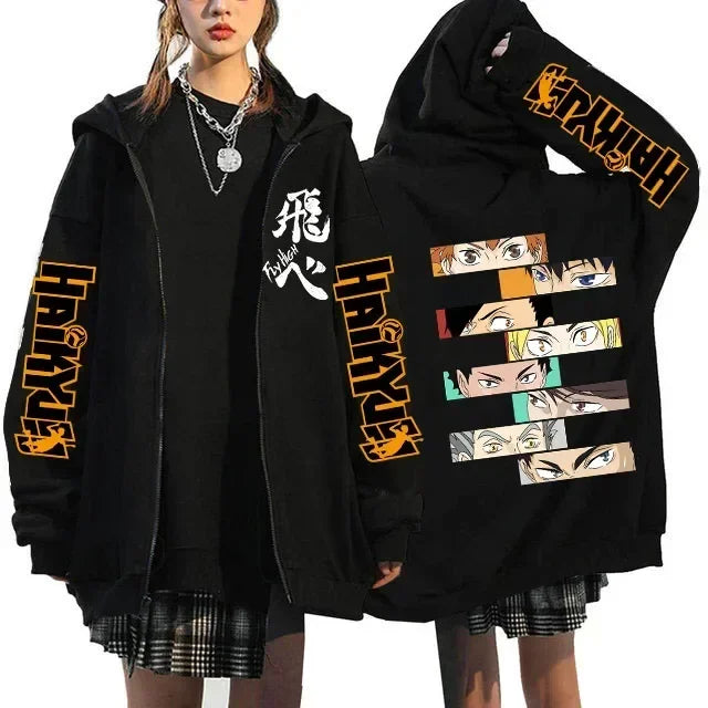 Haikyuu Graphic Zippper Jackets Sweatshirts Japanese Anime Manga Y2k Gothic Zip Up Hoodies Karasuno Fly High Harajuku Streetwear