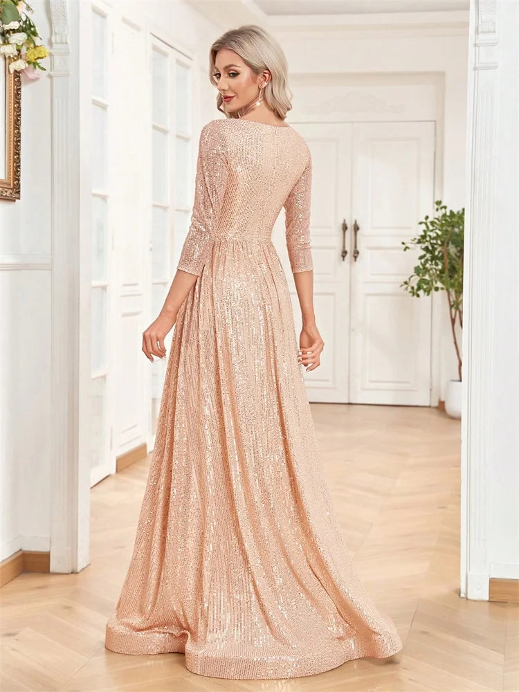 Luxury V Neck Long Sleeves Blue Sequins Formal Evening Dress Women 2024 Wedding Party Prom Maxi Cocktail Dress Gowns
