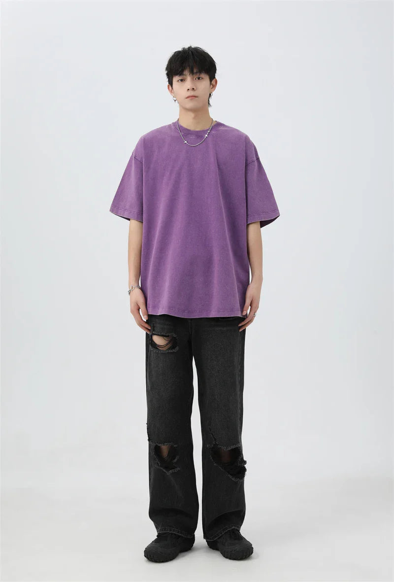 Japanese Korean Style Stir Fried Snowflake Washed T-Shirts Men Women Cotton Heavyweight Summer Hip Hop Streetwears Short Sleeved