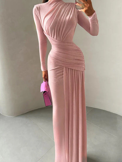 Folds Maxi Dress Women o-Neck Full Sleeve Solid Banquet Elegant Vacation Fashion Autumn Skinny Casual Simple Vestidos