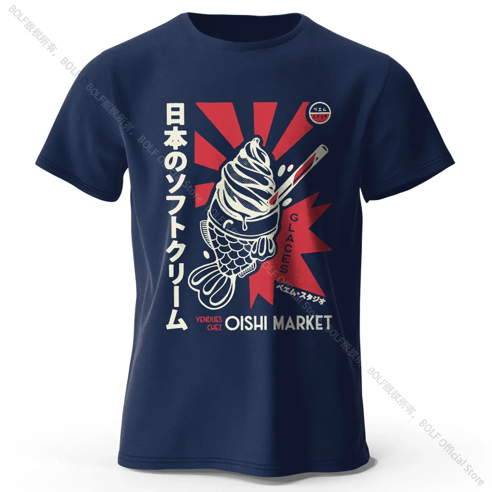 Japanese Foodie Print 100% Cotton T-Shirt, Soft & Breathable Round Neck Short Sleeve Tee, Unisex Cute & Cultural Style